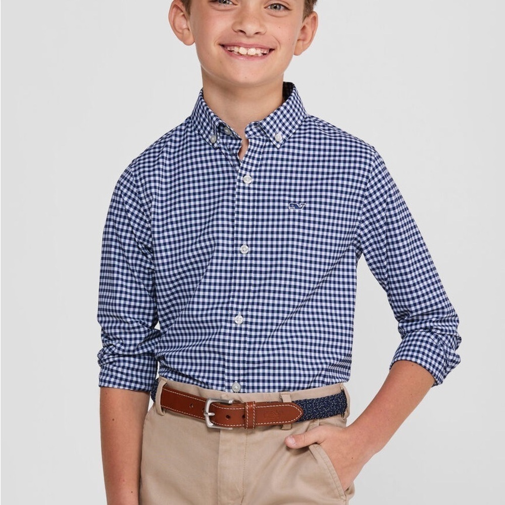 Vineyard Vines Boys' OTG On-The-Go brrrยบ Gingham Shirt Gray Long Sleeve Size 7